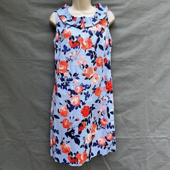 Talbots Size 2 Pleat-Neck Sheath Dress Blue Pink Floral Roses Mini Business - Picture 1 of 8